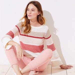 LOFT Pink Striped Stitched Sleeve Sweater